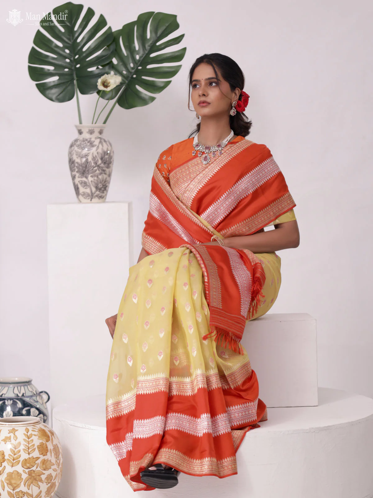 Pale Yellow - Orange Banarasi Ektara Kora Silk Saree - Image 5