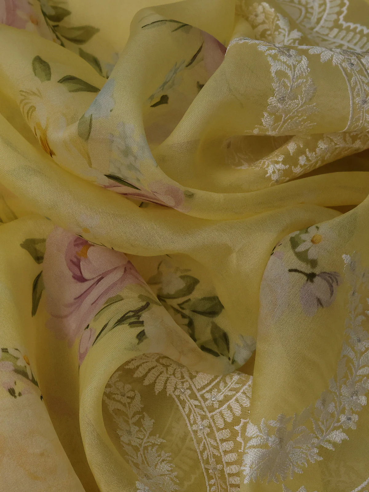 Pale Yellow Organza Silk Saree - Image 3