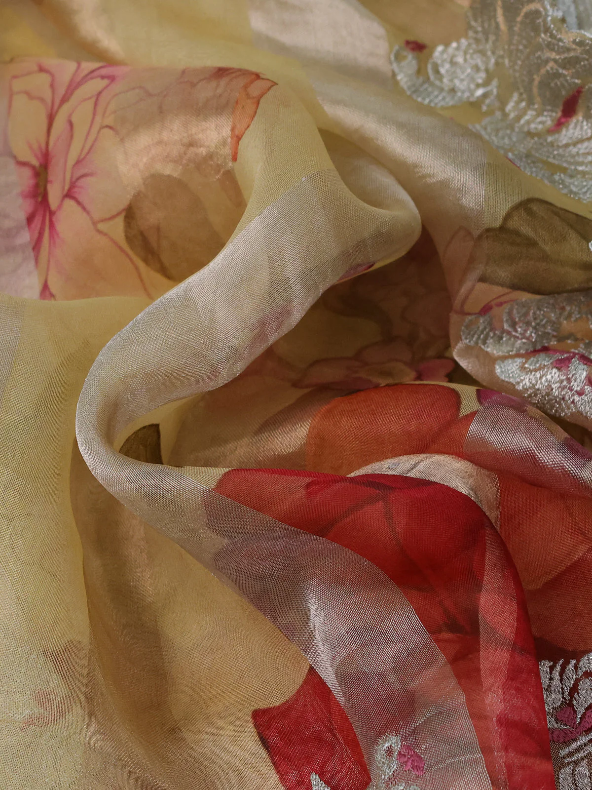 Pale Yellow Organza Silk Saree - Image 3