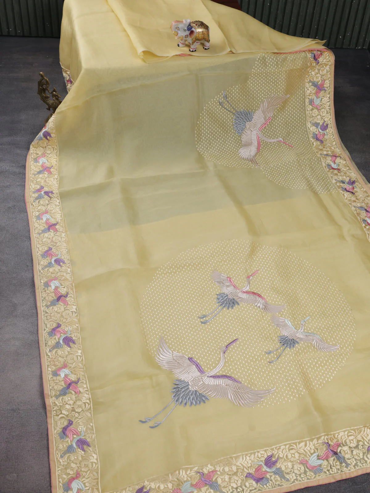 Pale Yellow Organza Silk Saree With Parsi Work Border - Image 2
