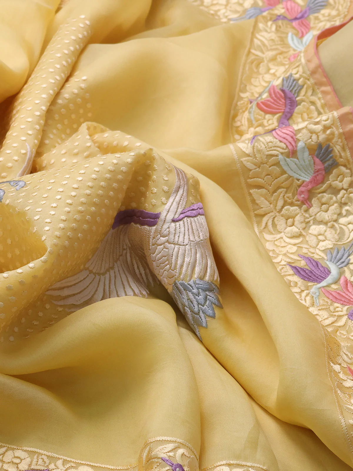 Pale Yellow Organza Silk Saree With Parsi Work Border - Image 3