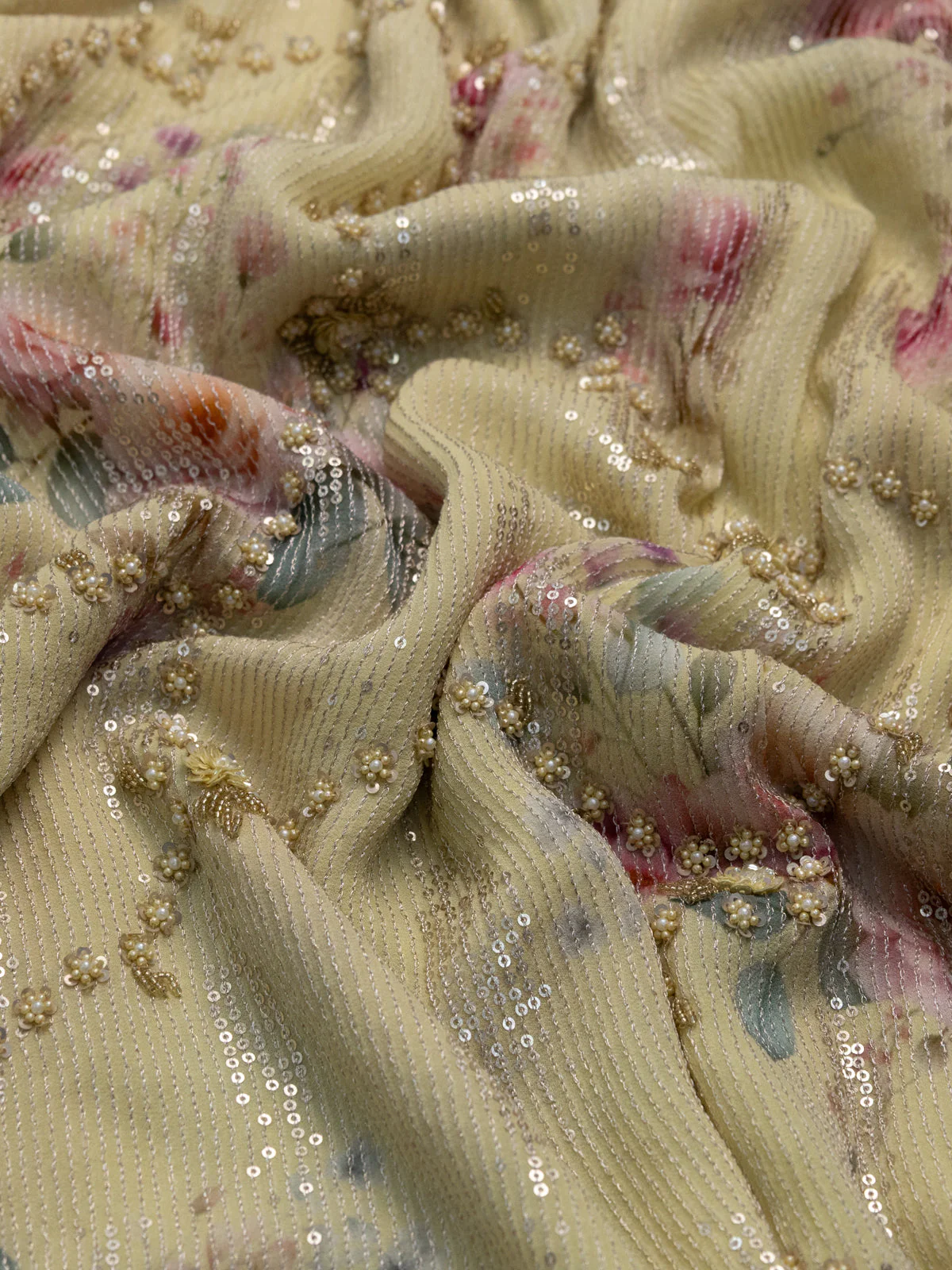 Pale Yellow Pure Georgette Saree With Allover Sequin & Beaded Work And Floral Prints - Image 3