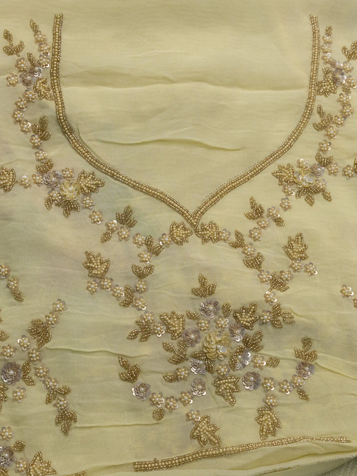 Pale Yellow Pure Georgette Saree With Allover Sequin & Beaded Work And Floral Prints - Image 5