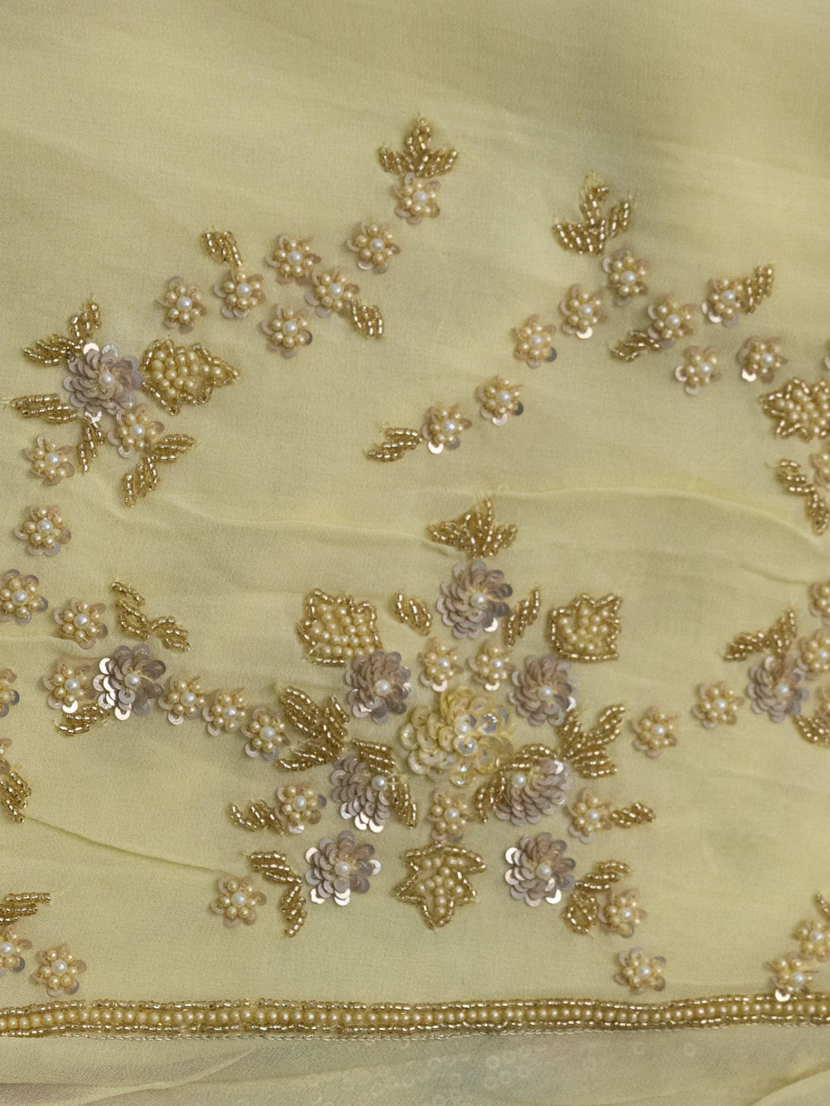 Pale Yellow Pure Georgette Saree With Allover Sequin & Beaded Work And Floral Prints - Image 6