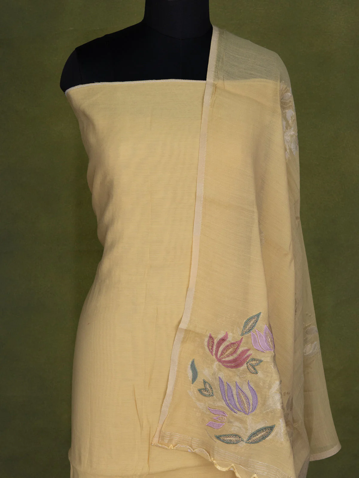 Pale Yellow Soft Cotton Unstitched Suit - Image 3