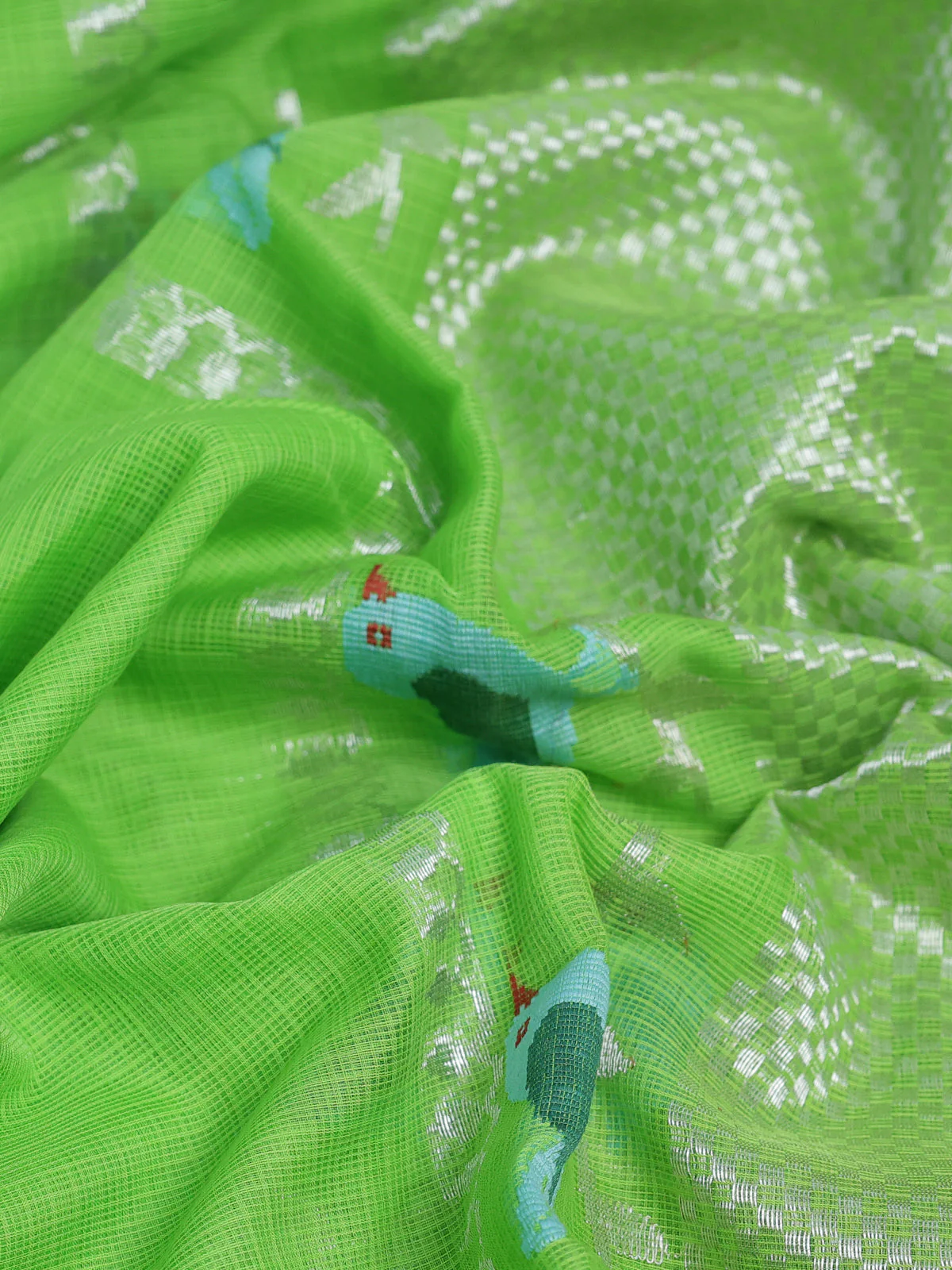 Parrot Green - Blue Kota Cotton Real Zari Saree - Image 3