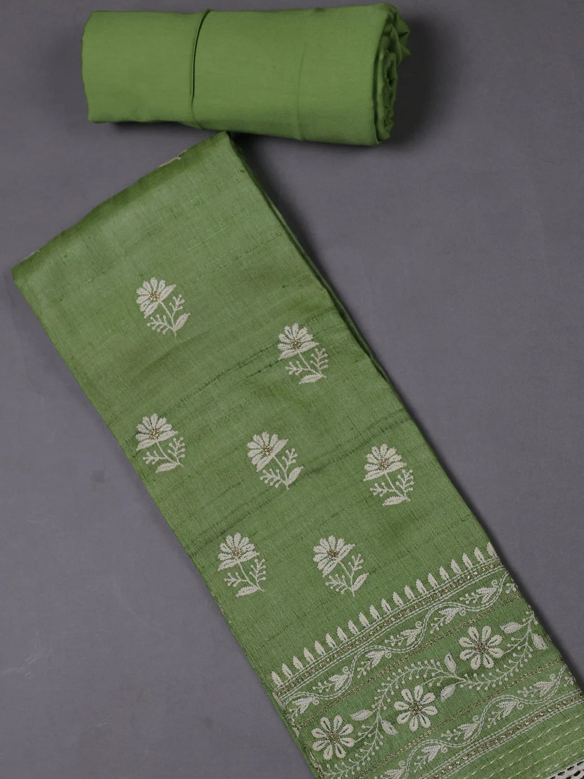 Parrot Green Tussar Silk Unstitched Suit - Image 2
