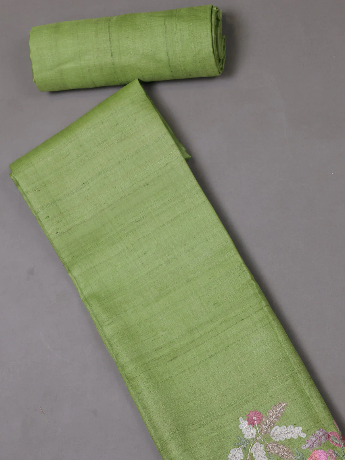 Parrot Green Tussar Silk Unstitched Suit - Image 2