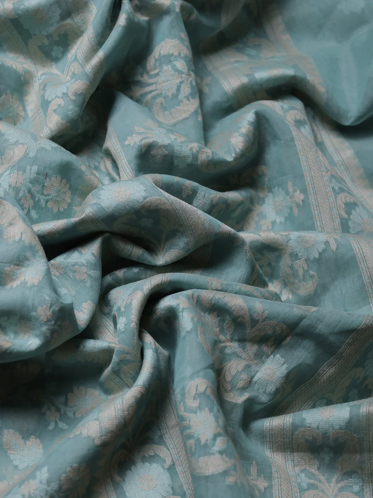 Pastel Blue Banarasi Cotton Saree - Image 3