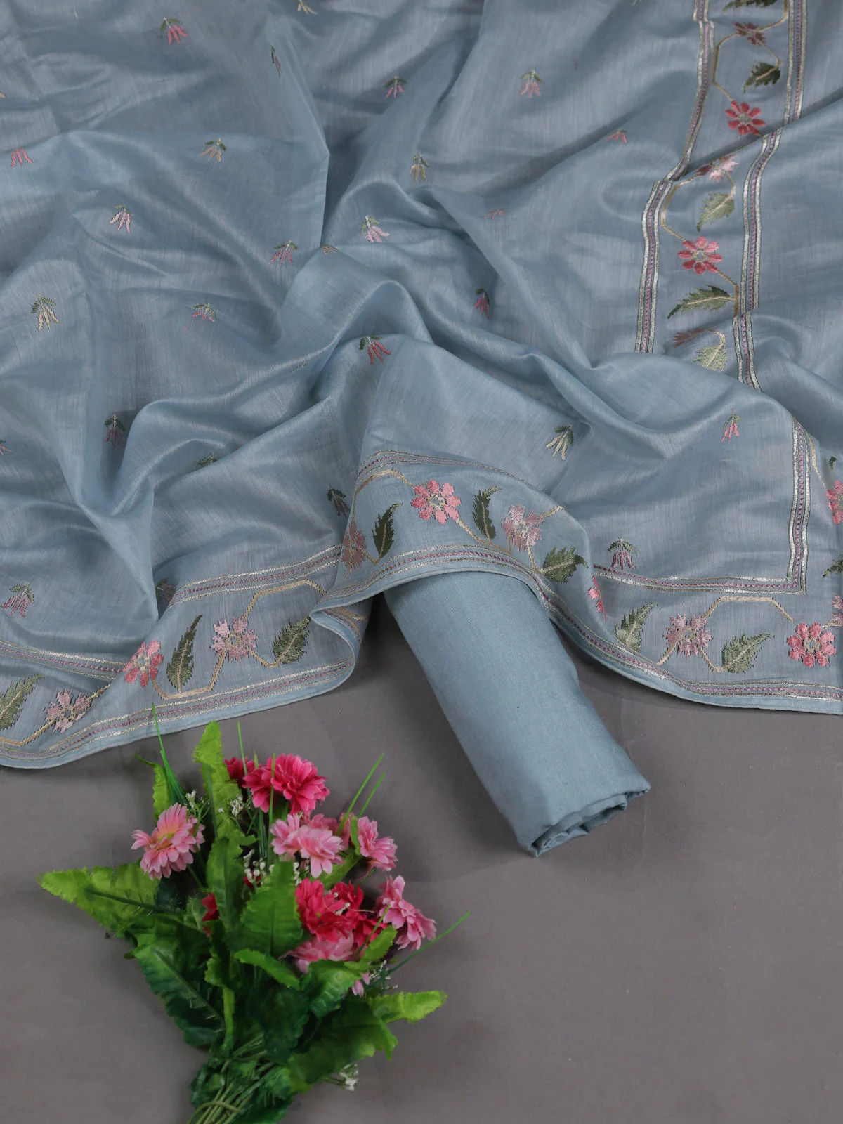 Pastel Blue Mul Chanderi Semi Stitched Suit - Image 2
