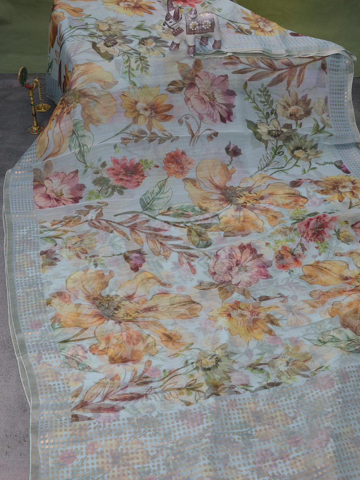 Pastel Blue Muslin Organza Silk Saree With Digital Prints - Image 2