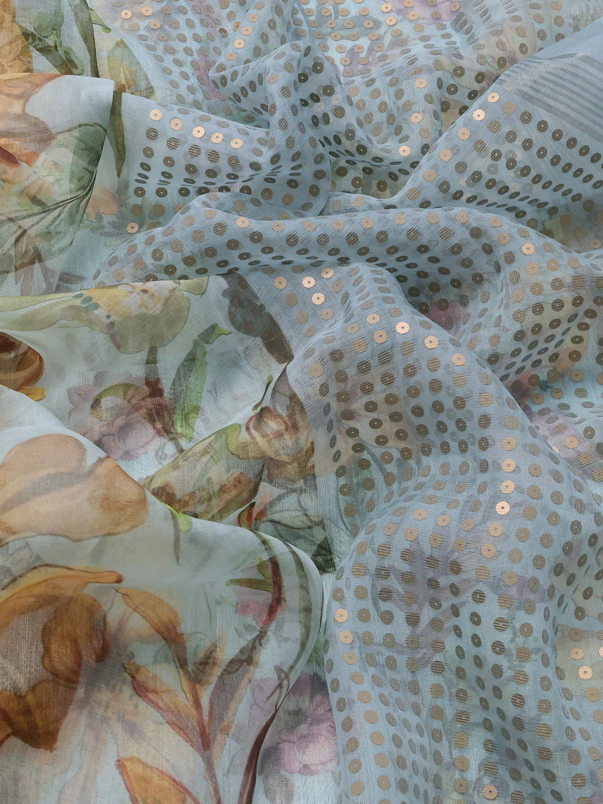 Pastel Blue Muslin Organza Silk Saree With Digital Prints - Image 3