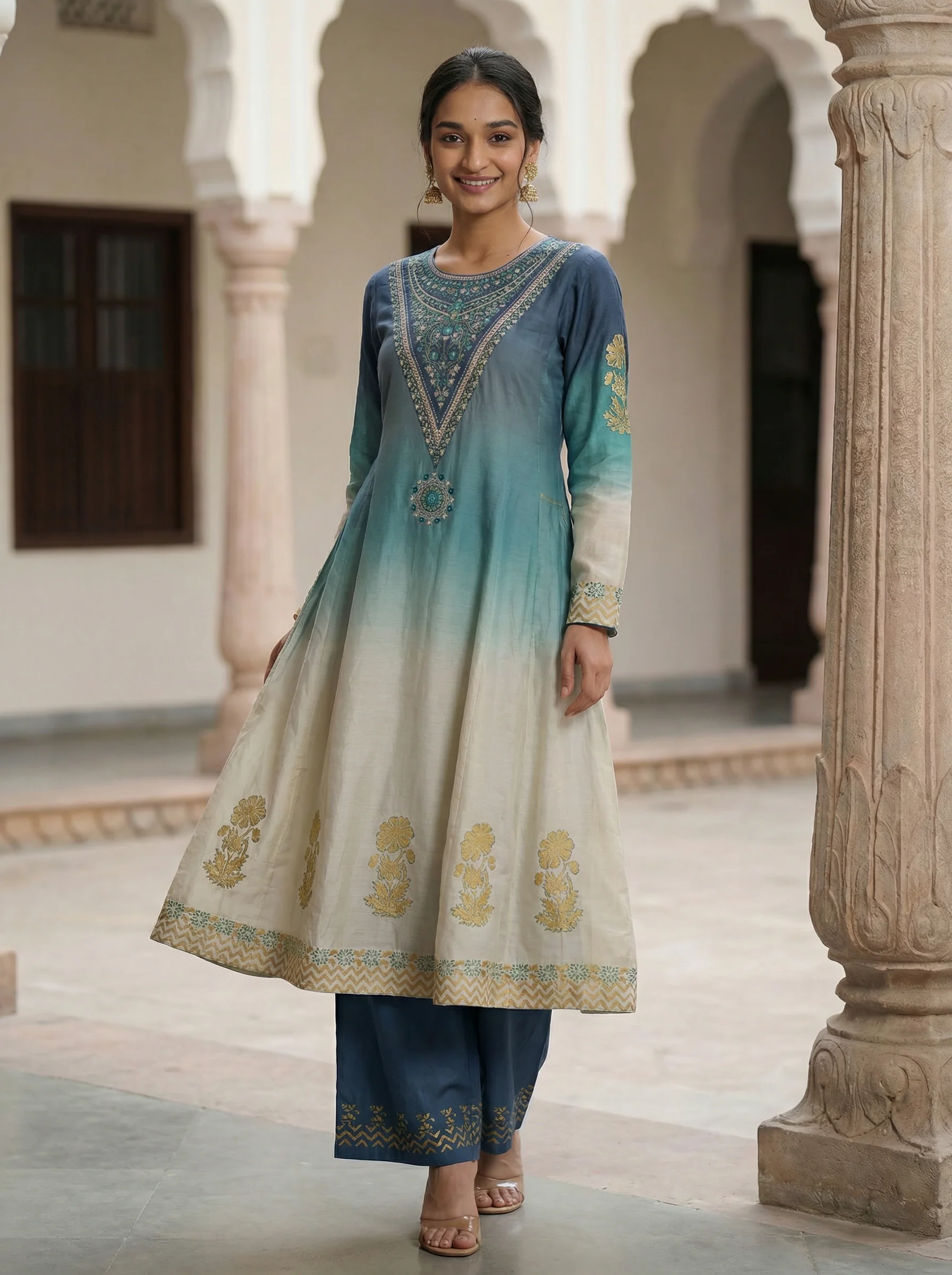 Pastel Blue-Off white Silk Anarkali Suit With Embroidery - Image 2