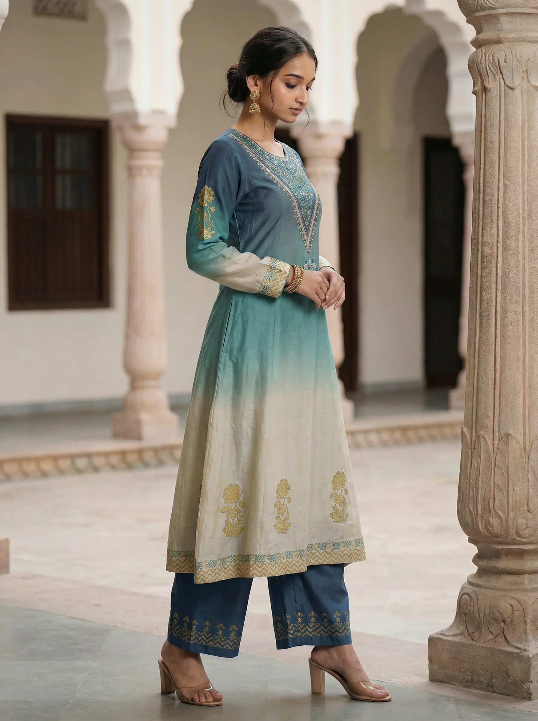 Pastel Blue-Off white Silk Anarkali Suit With Embroidery - Image 3