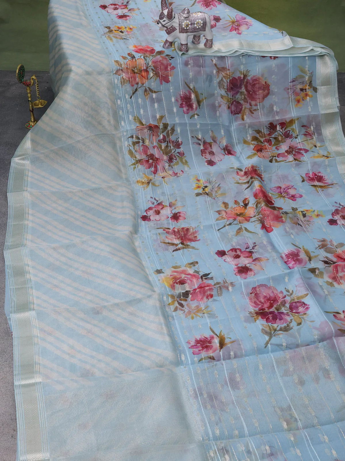 Pastel Blue Organza Silk Saree - Image 2