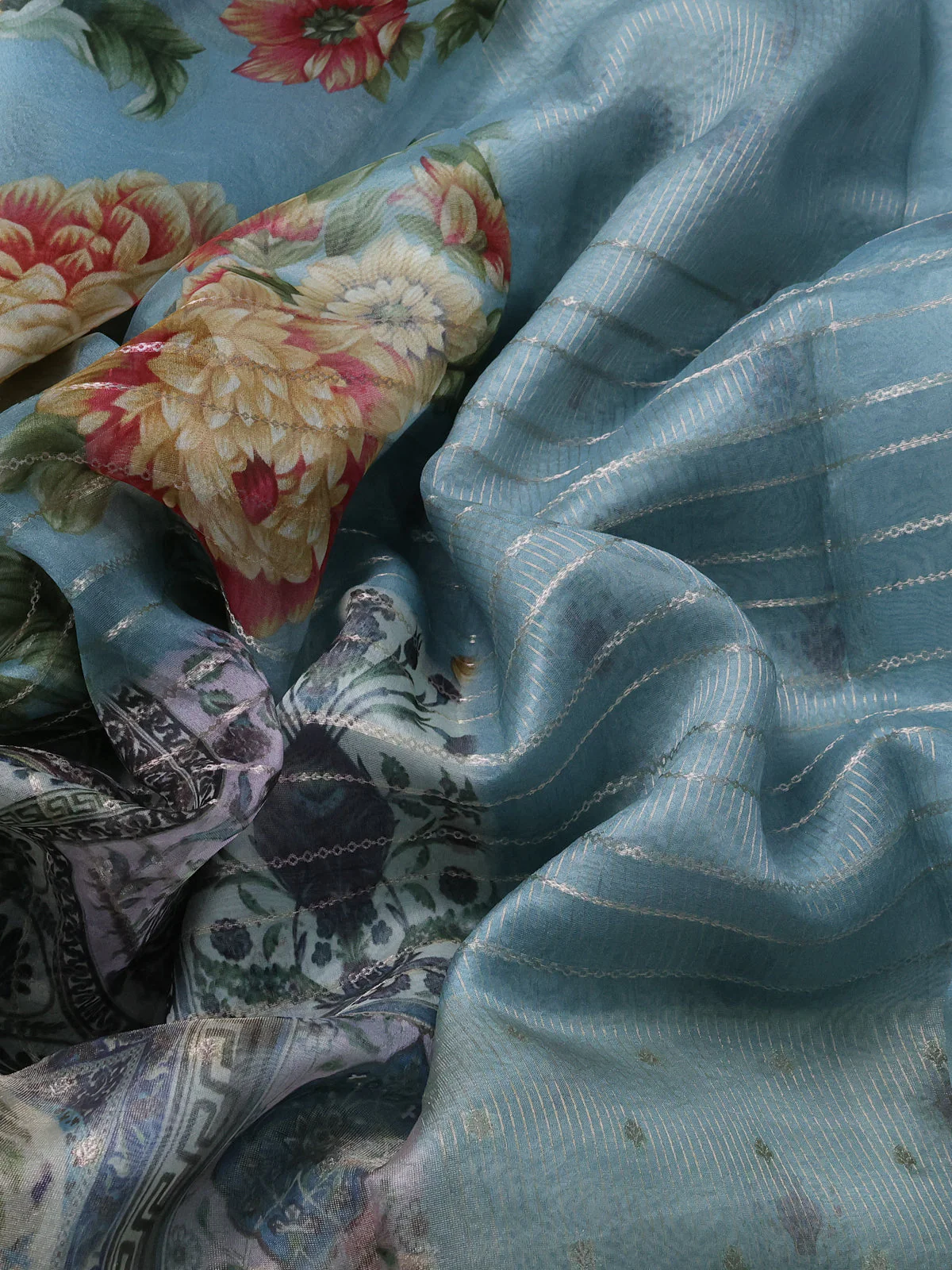 Pastel Blue Organza Silk Saree - Image 3
