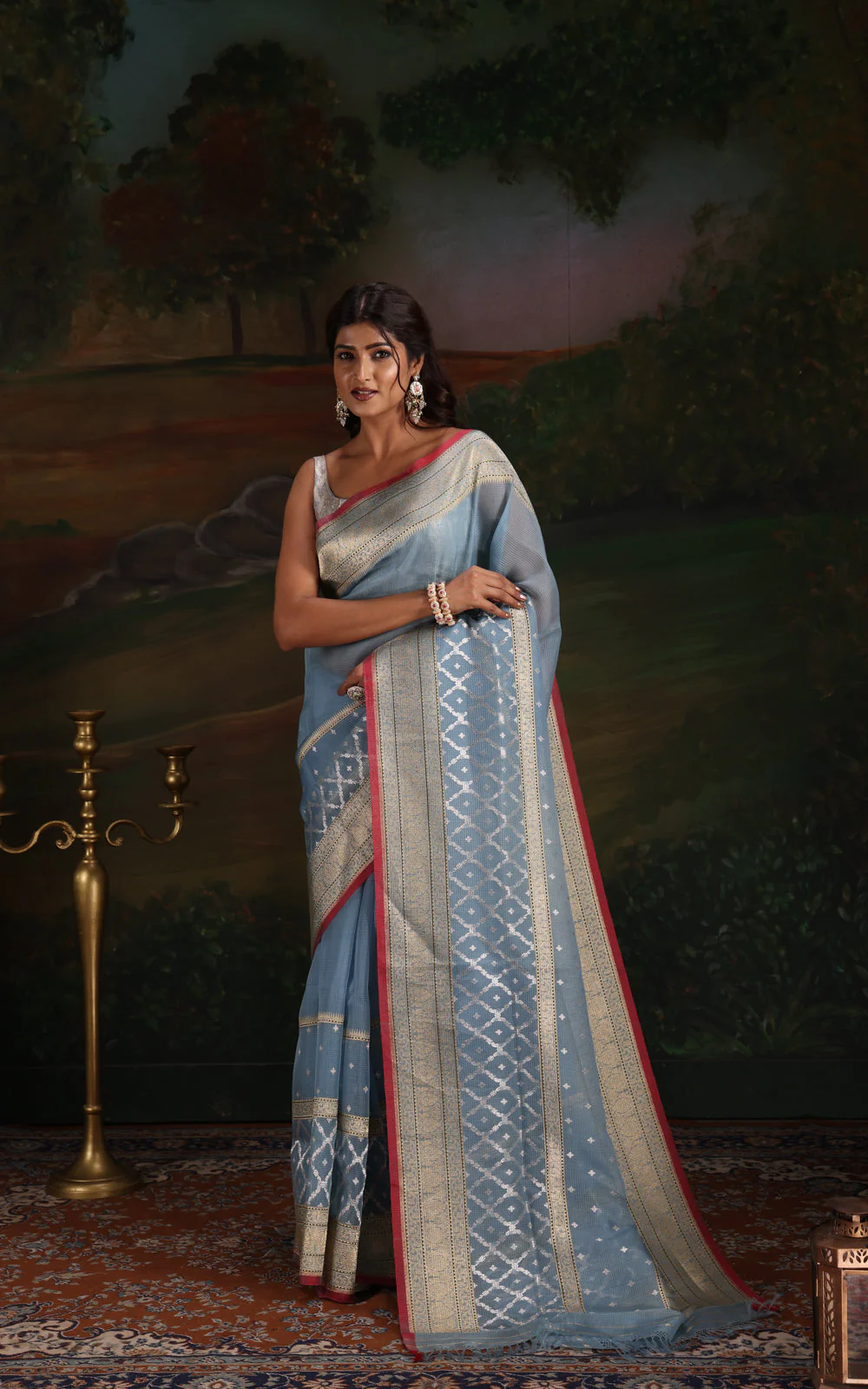 Pastel Blue & Red Iktara Kora Silk Saree - Image 3
