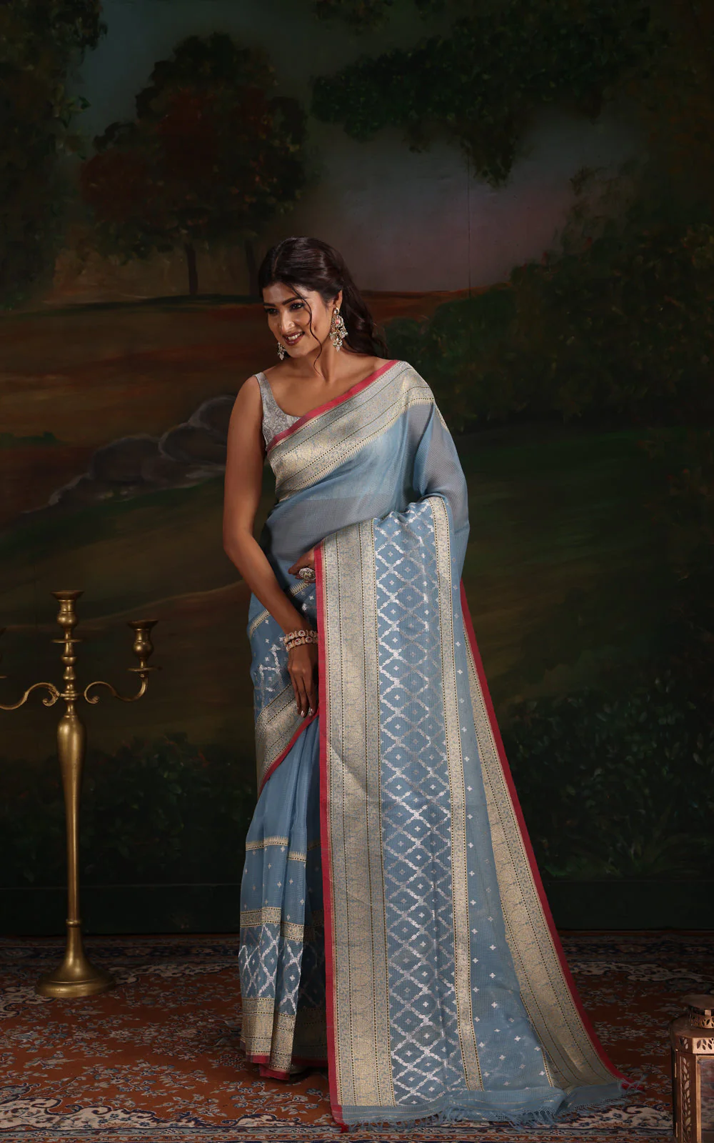 Pastel Blue & Red Iktara Kora Silk Saree - Image 4
