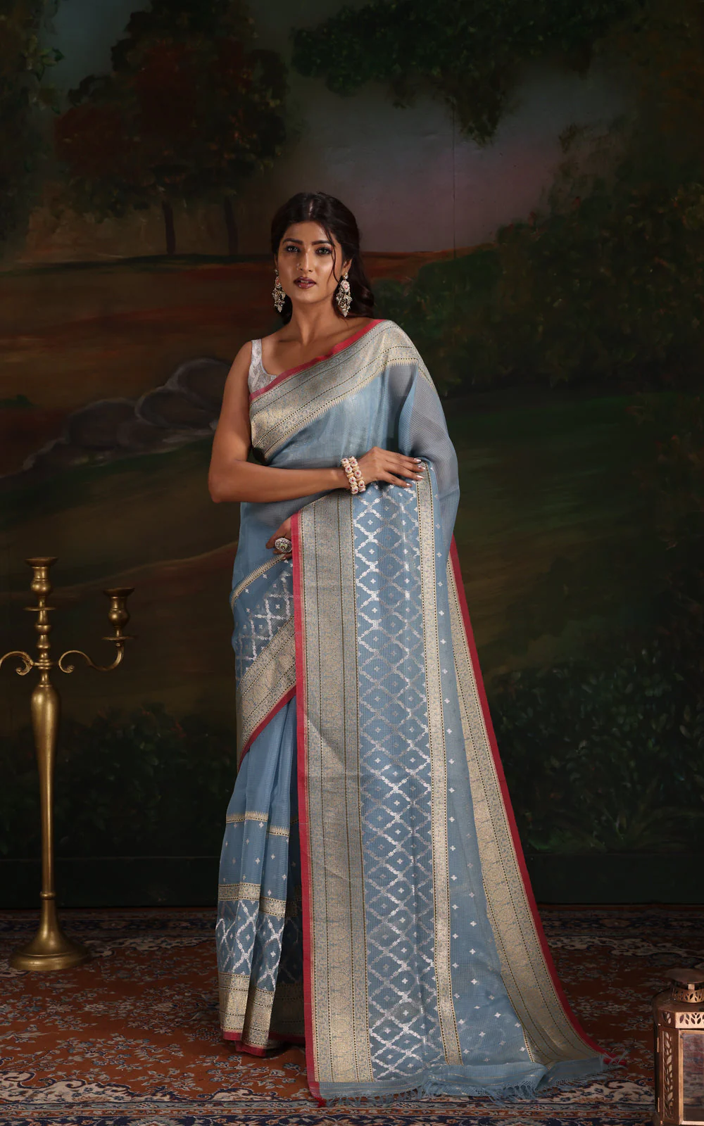 Pastel Blue & Red Iktara Kora Silk Saree - Image 5