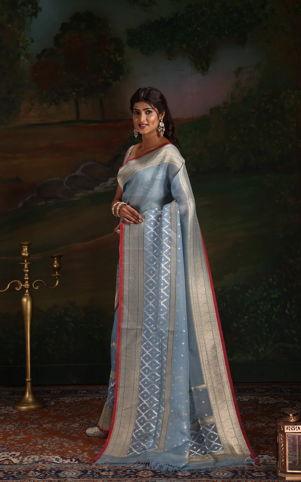 Pastel Blue & Red Iktara Kora Silk Saree - Image 6