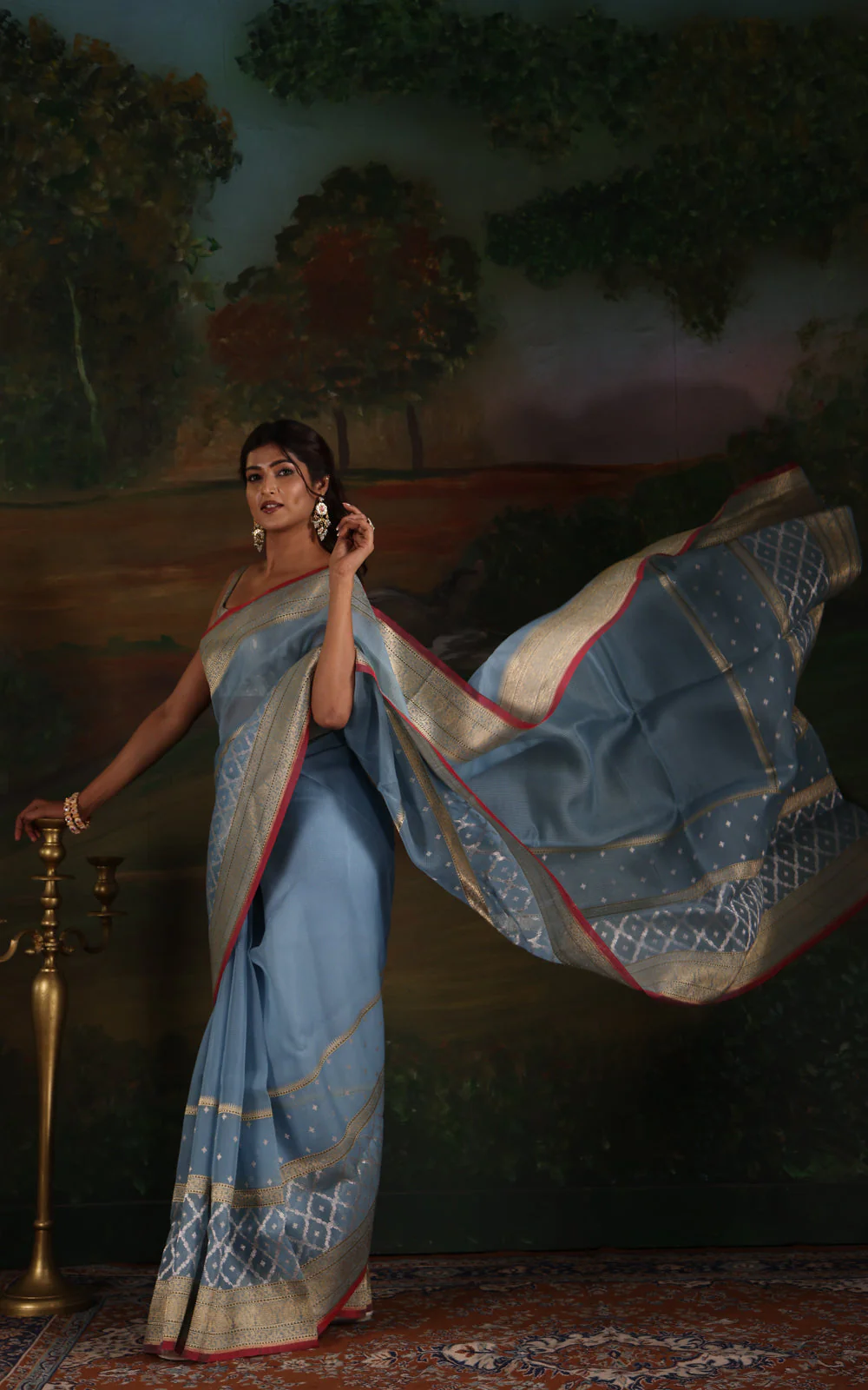 Pastel Blue & Red Iktara Kora Silk Saree - Image 7