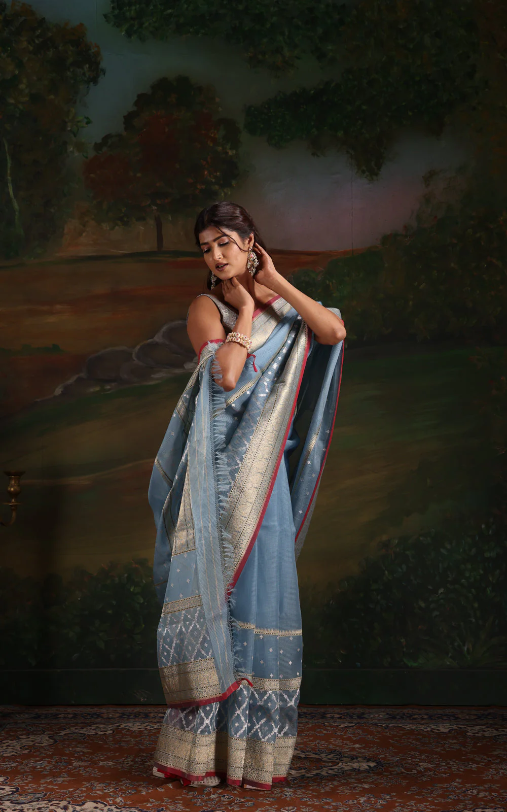 Pastel Blue & Red Iktara Kora Silk Saree - Image 8