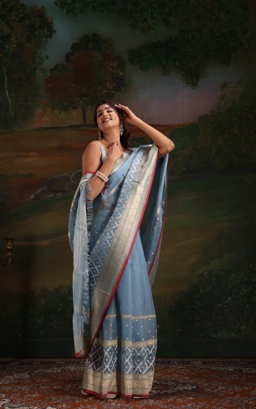 Pastel Blue & Red Iktara Kora Silk Saree - Image 9