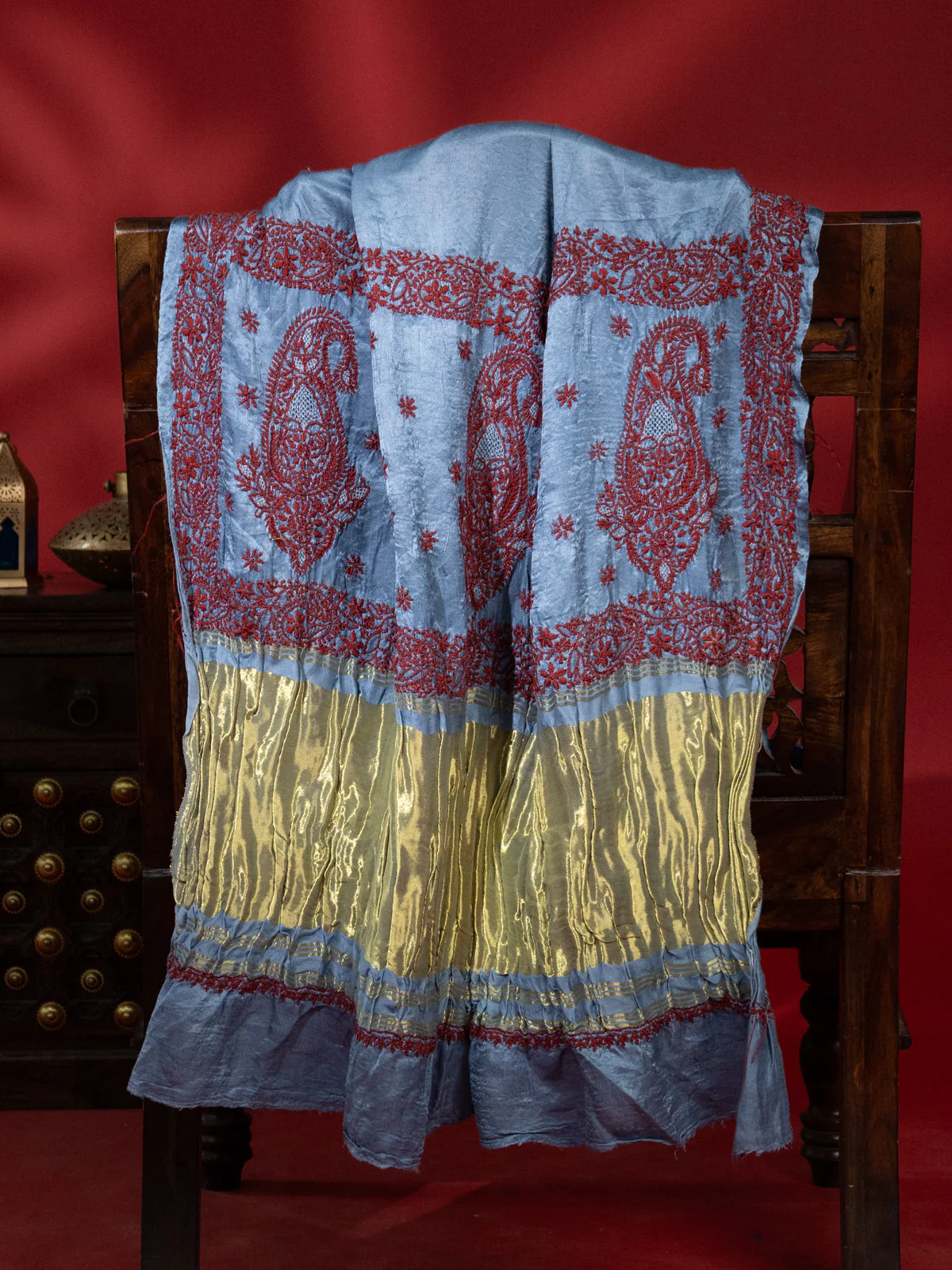 Pastel Blue Satin Tussar Silk Saree With Bandhej - Image 3