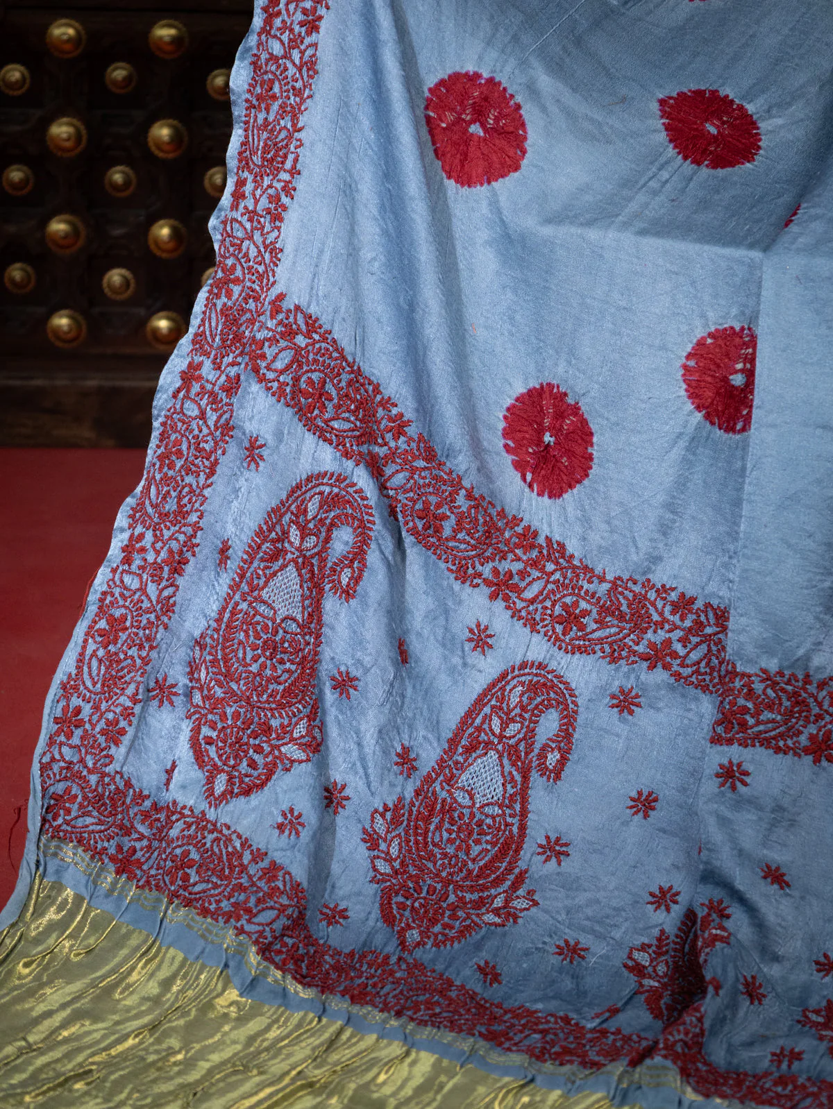 Pastel Blue Satin Tussar Silk Saree With Bandhej - Image 4