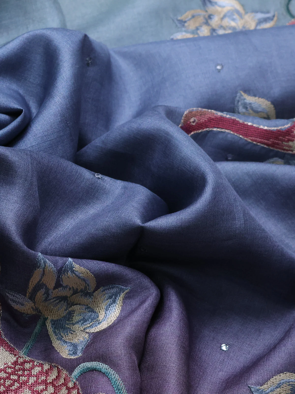 Pastel Blue-Violet Tussar Silk Saree - Image 3