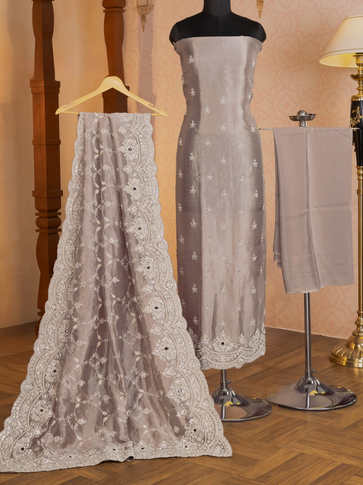 Pastel Brown Tissue Silk Unstitched Suit - Image 5