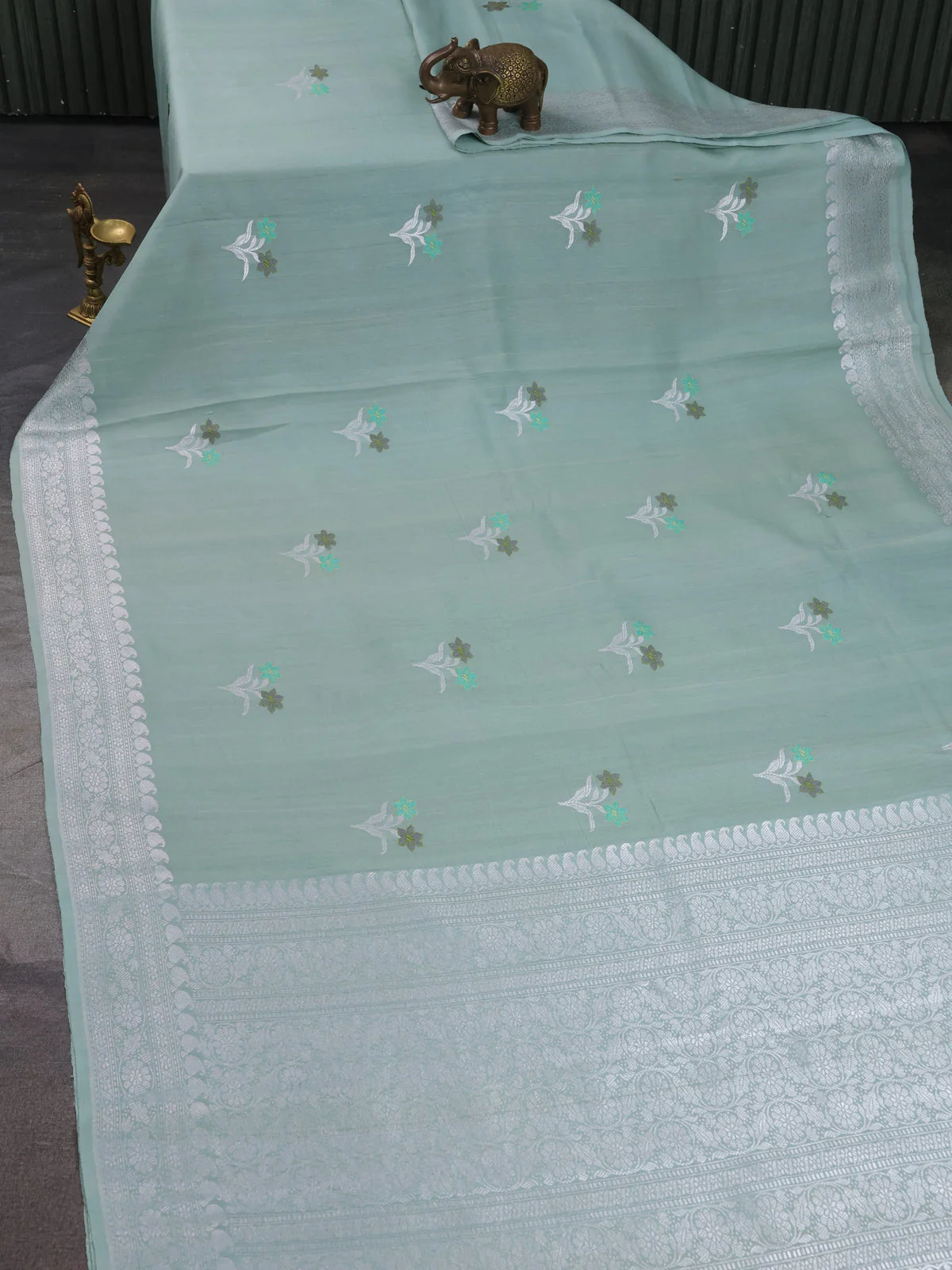 Pastel Green Banarasi Khaddi Tussar Saree - Image 2