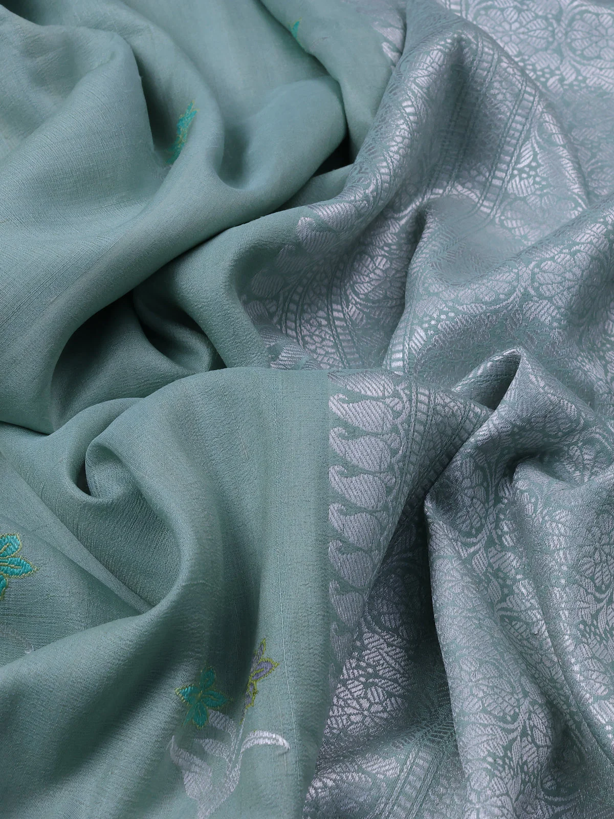 Pastel Green Banarasi Khaddi Tussar Saree - Image 3