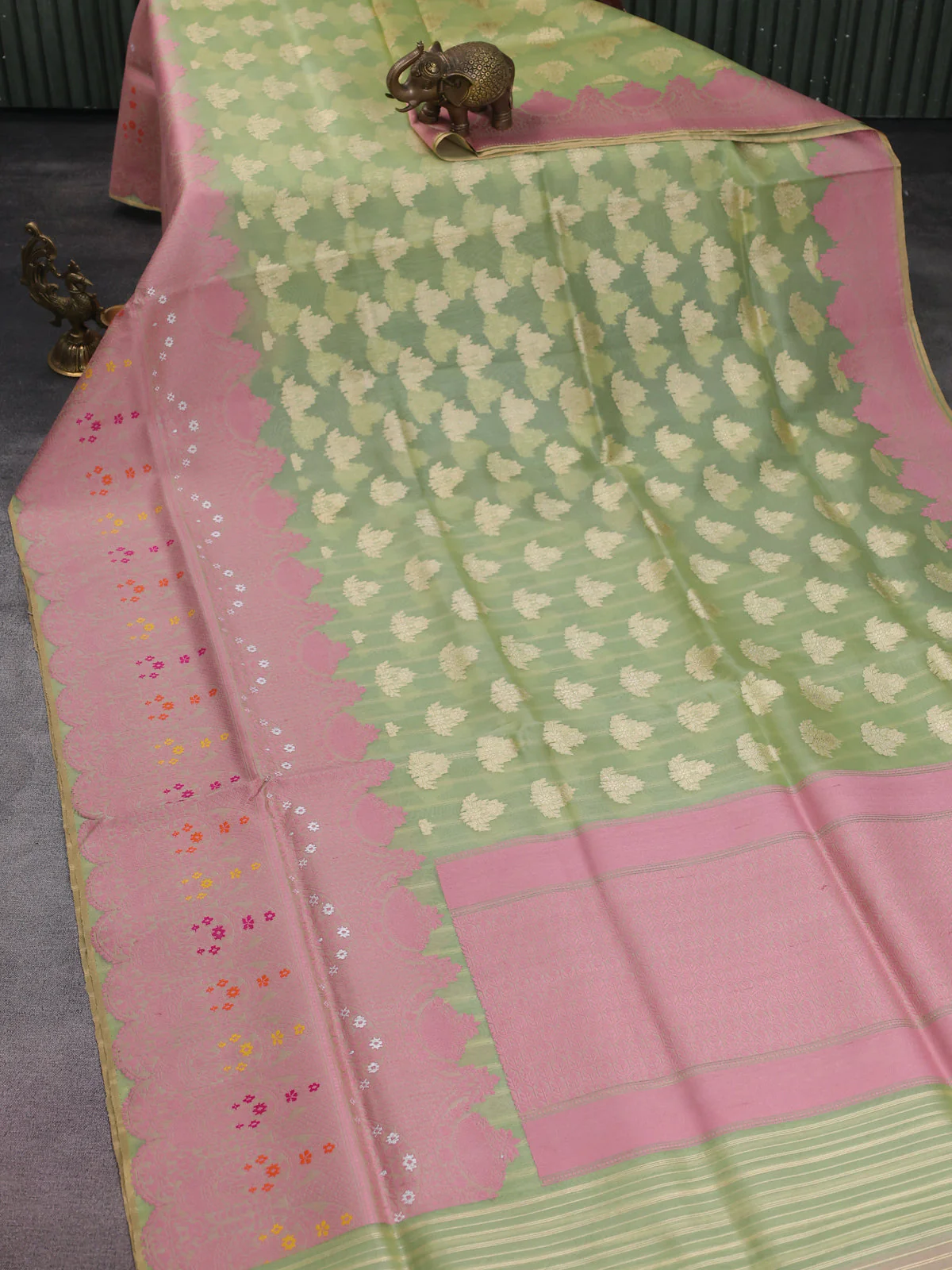 Pastel Green Banarasi Kora Silk Saree - Image 2