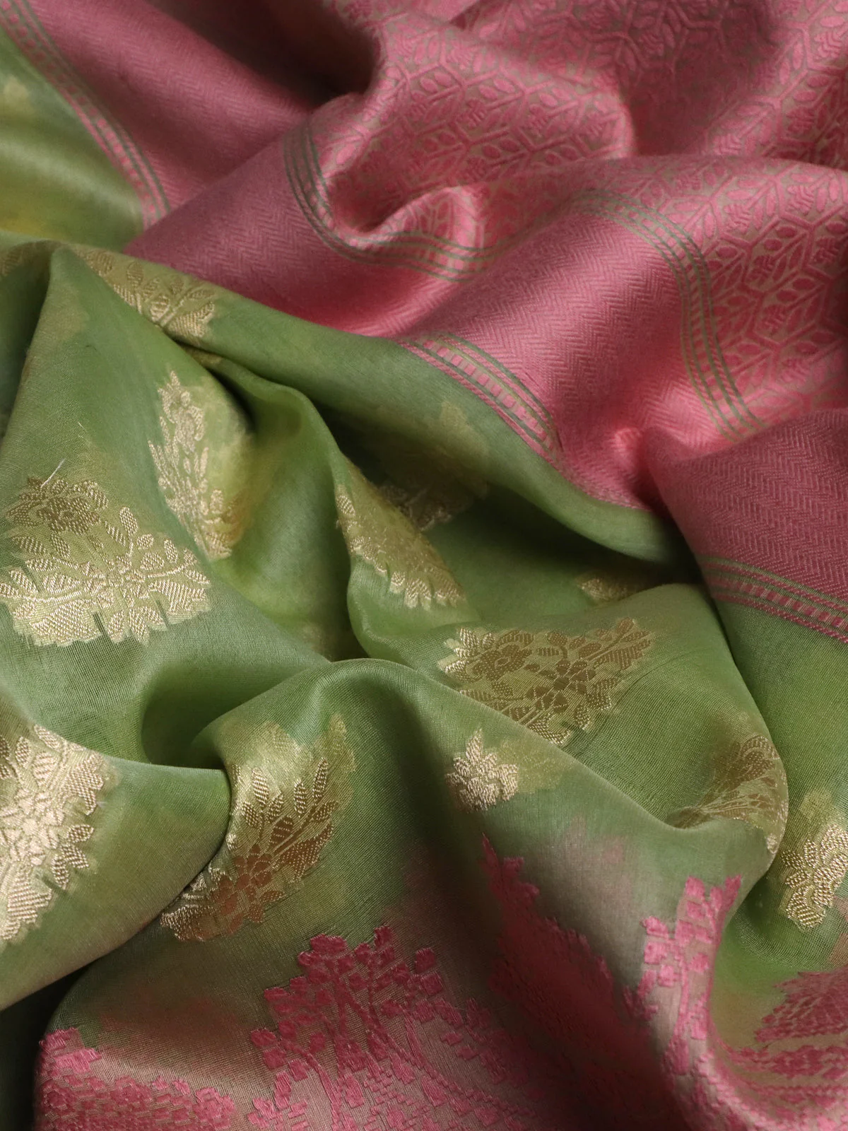 Pastel Green Banarasi Kora Silk Saree - Image 3