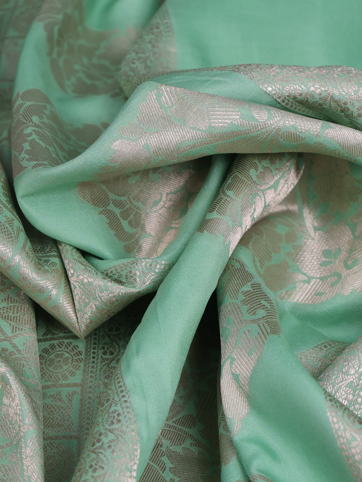 Pastel Green Banarasi Silk Saree With Allover Zari Weaves & Satin Border Prints - Image 3