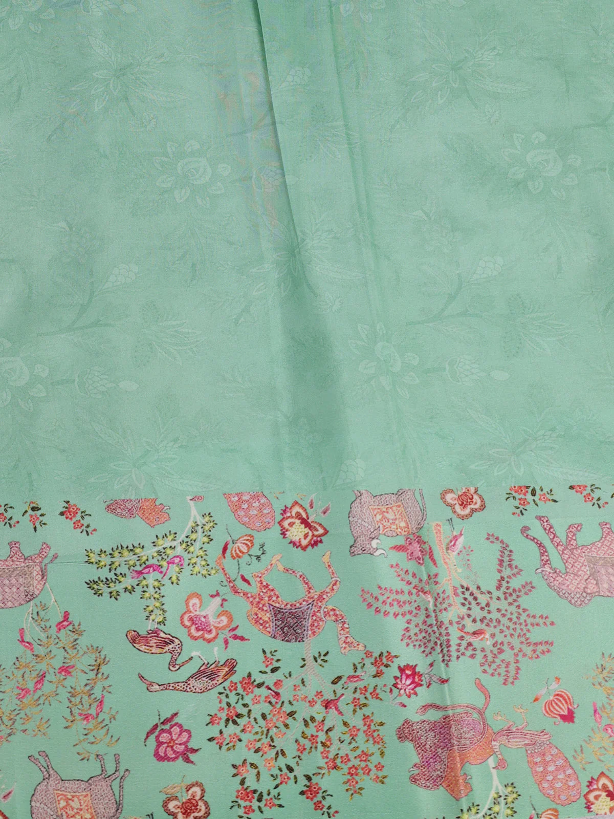 Pastel Green Banarasi Silk Saree With Allover Zari Weaves & Satin Border Prints - Image 4