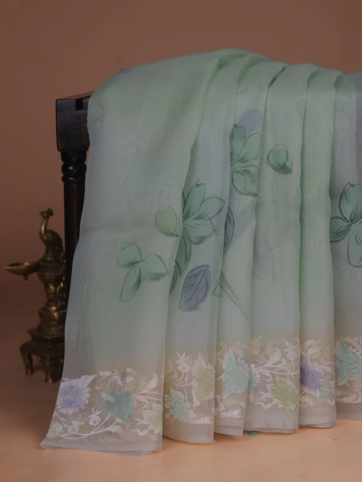 Pastel Green - Cream Organza Silk Saree - Image 2