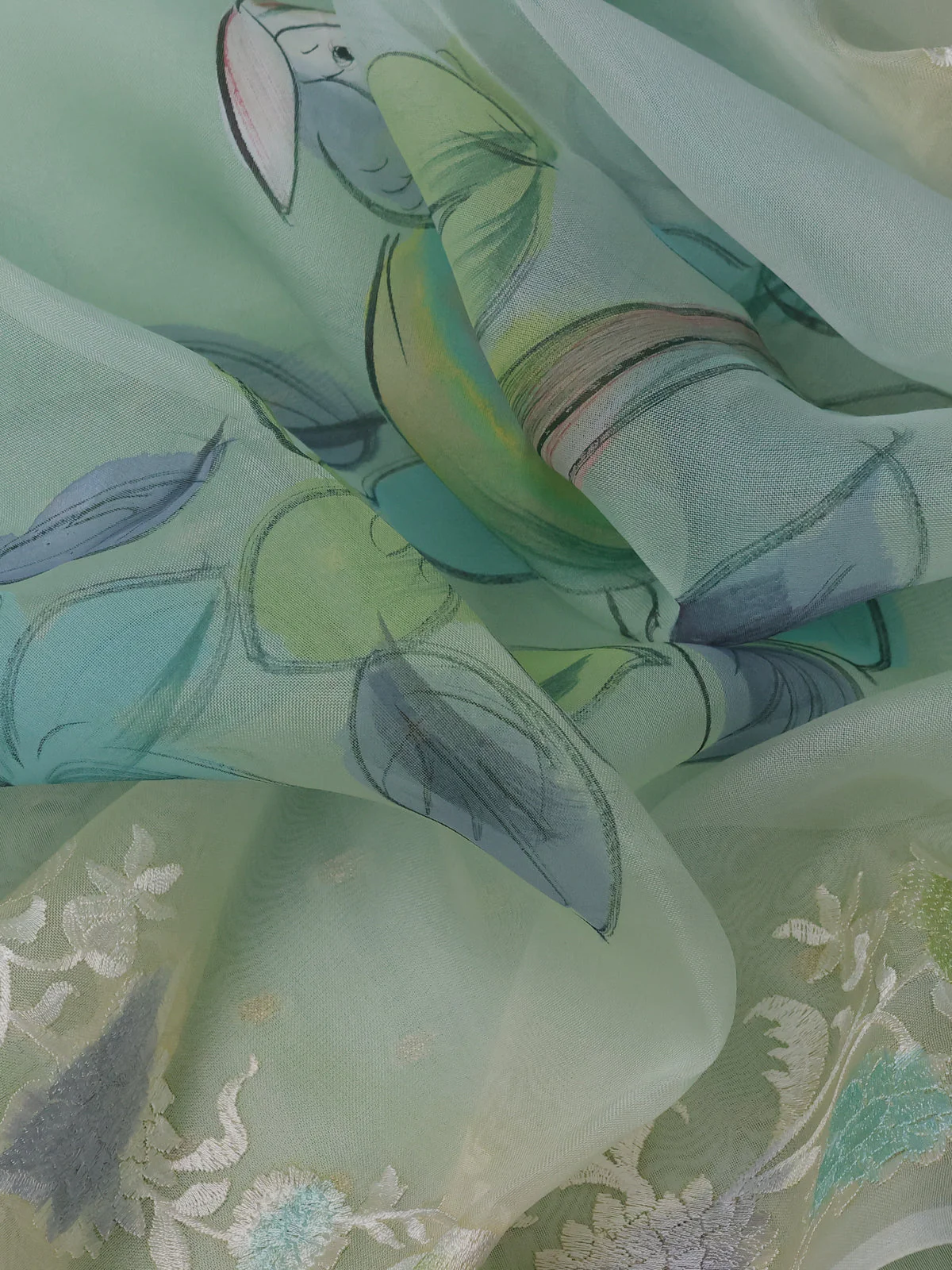 Pastel Green - Cream Organza Silk Saree - Image 3