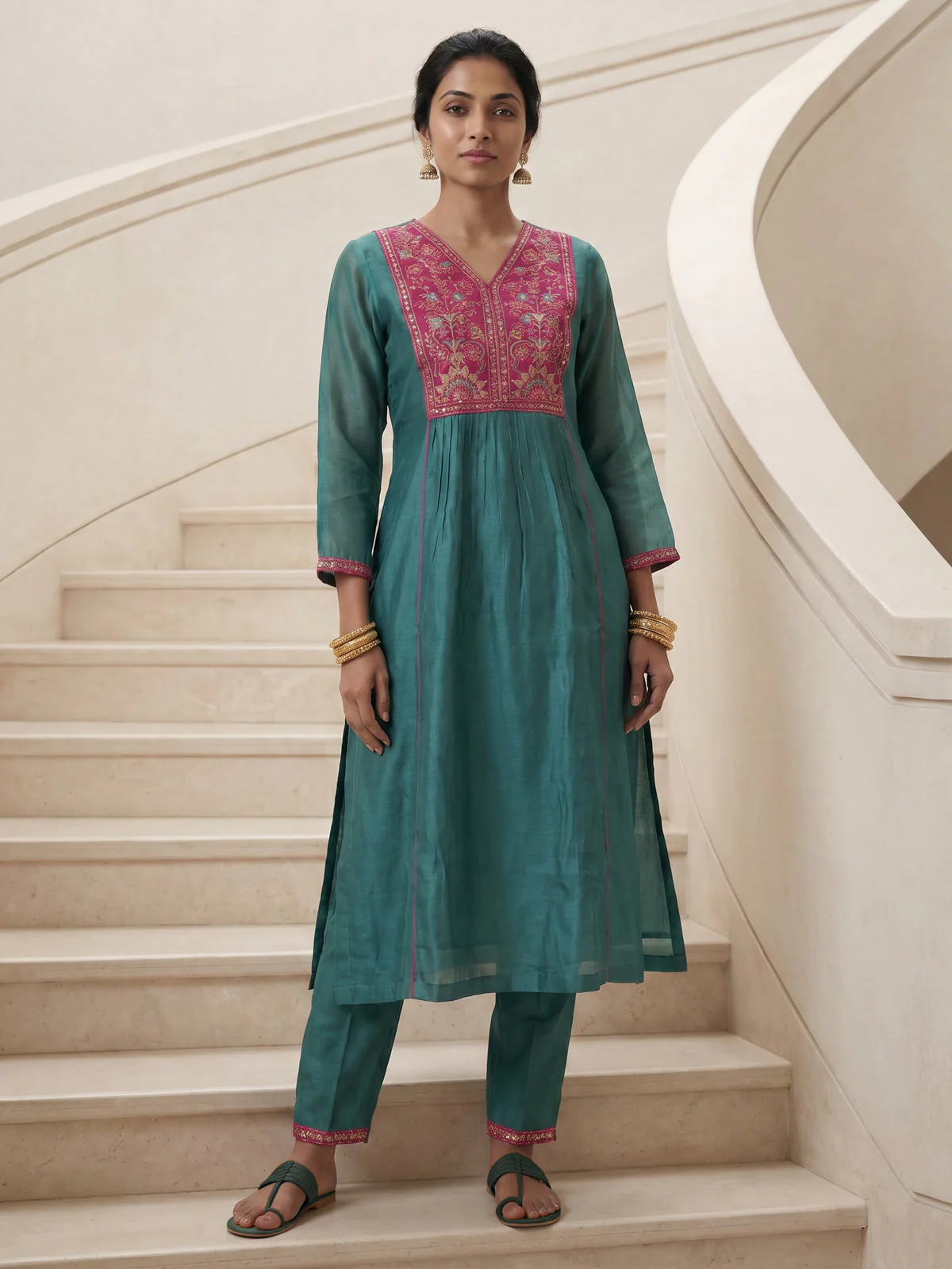 Pastel Green Mul Chanderi Anarkali Suit - Image 2