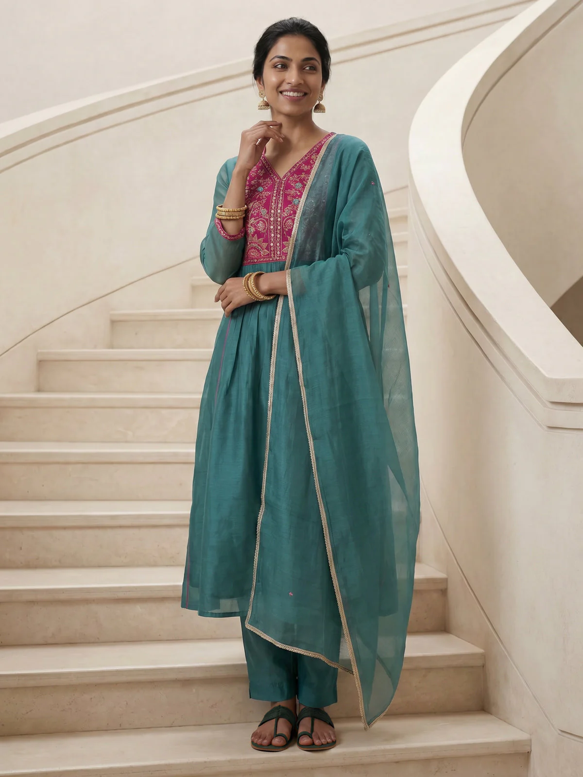 Pastel Green Mul Chanderi Anarkali Suit - Image 3