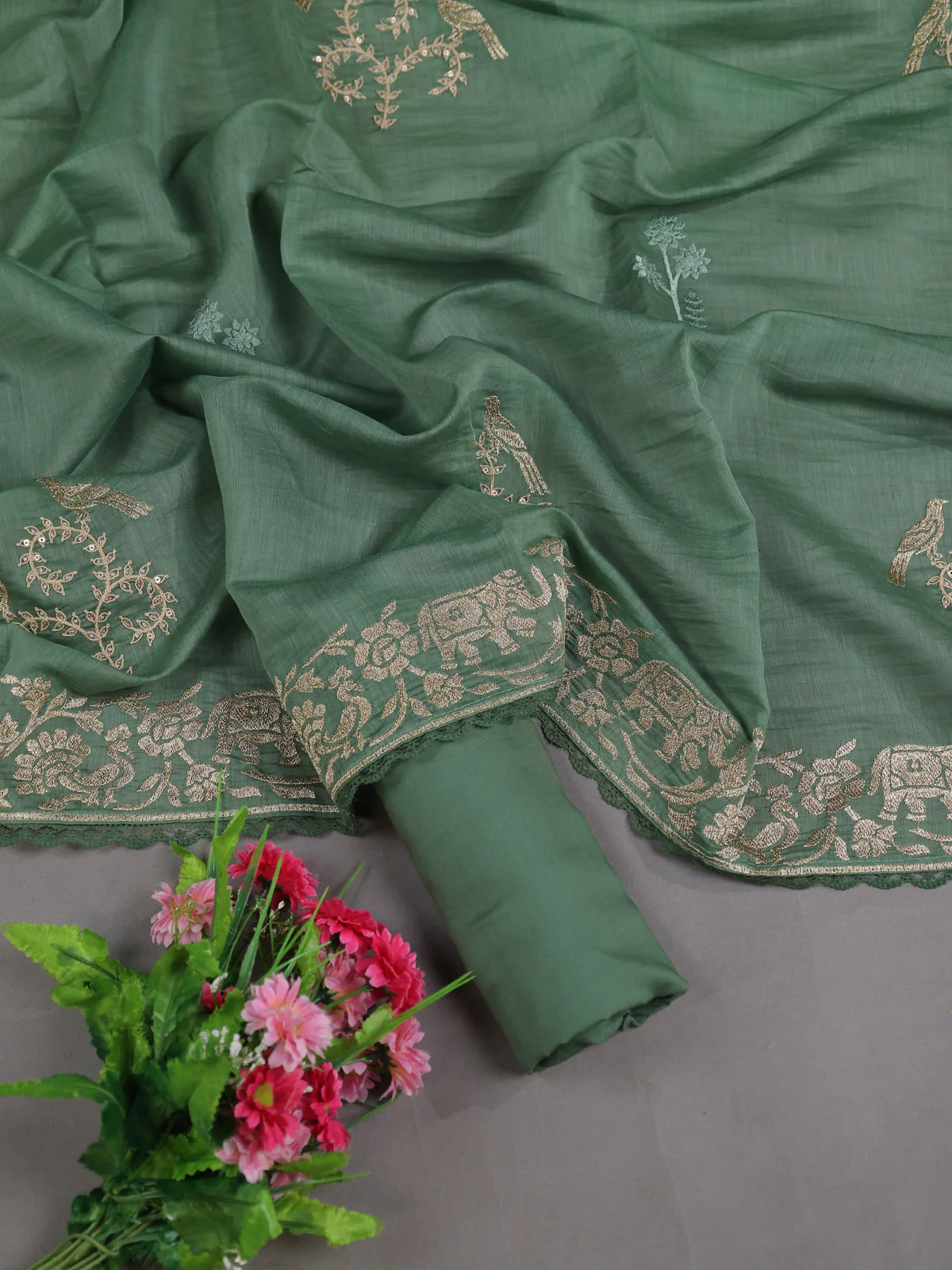 Pastel Green Mul Chanderi Semi Stitched Suit - Image 2