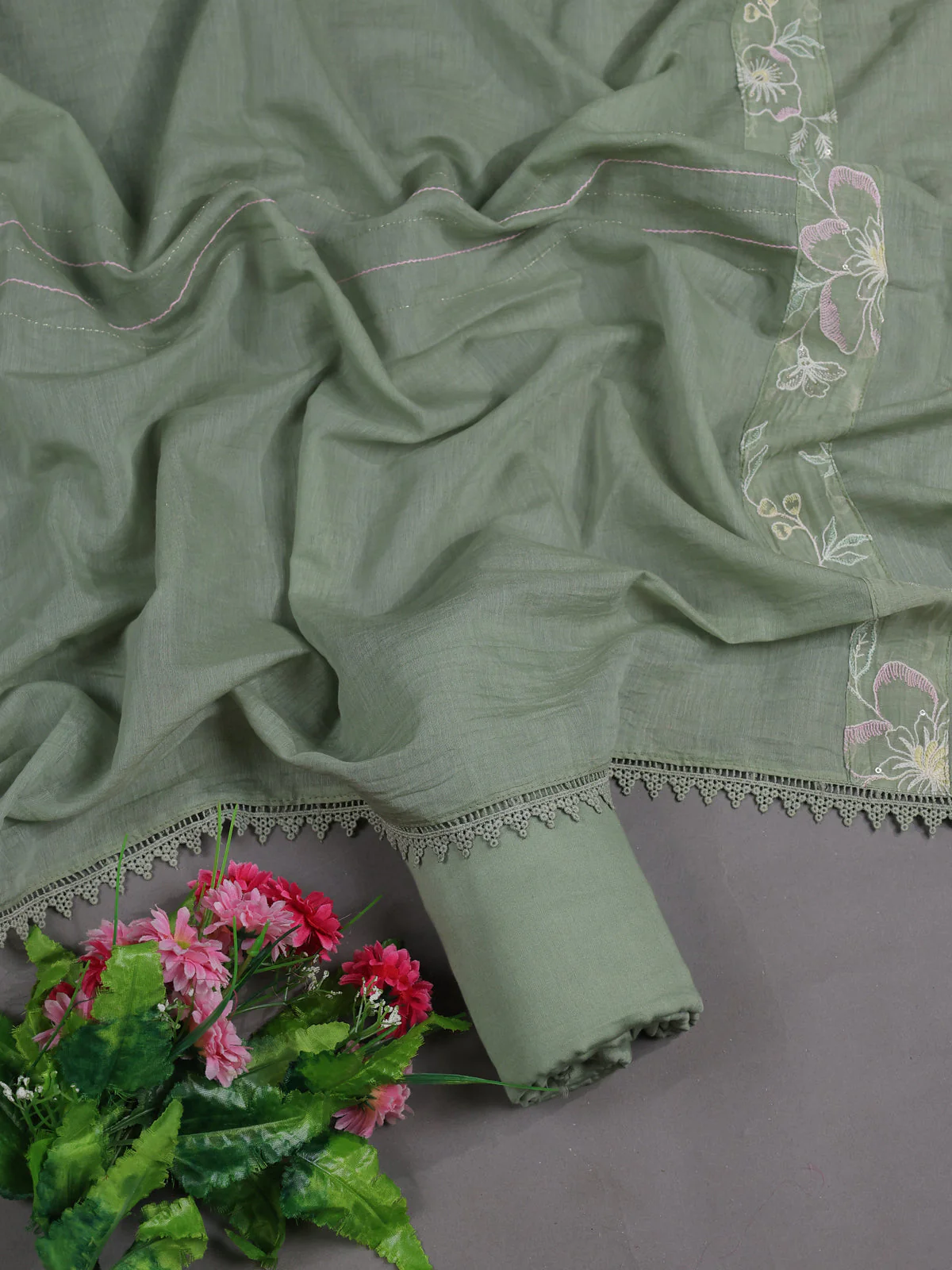 Pastel Green Mul Chanderi Unstitched Suit - Image 2