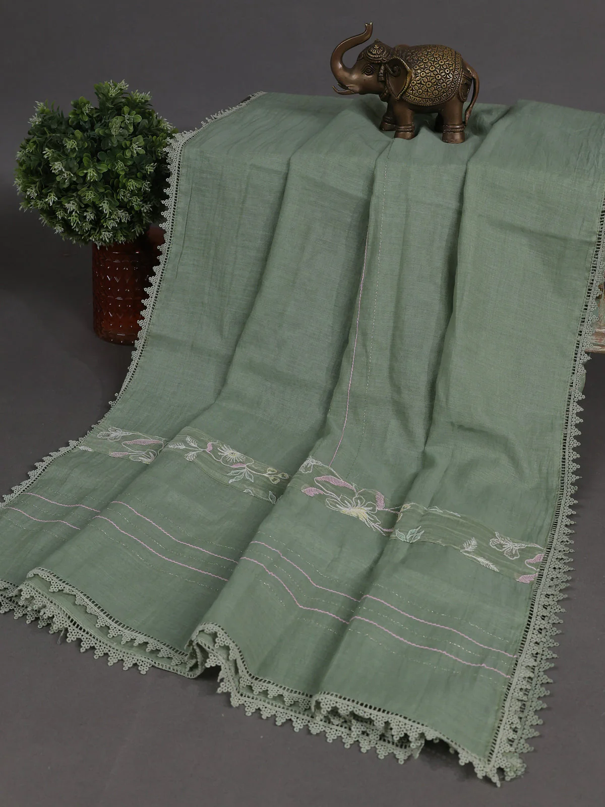 Pastel Green Mul Chanderi Unstitched Suit - Image 3