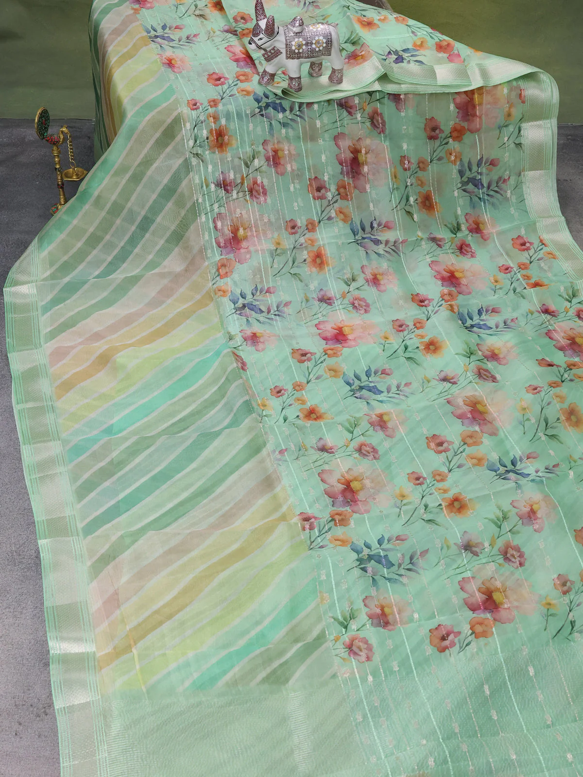 Pastel Green Organza Silk Saree - Image 2
