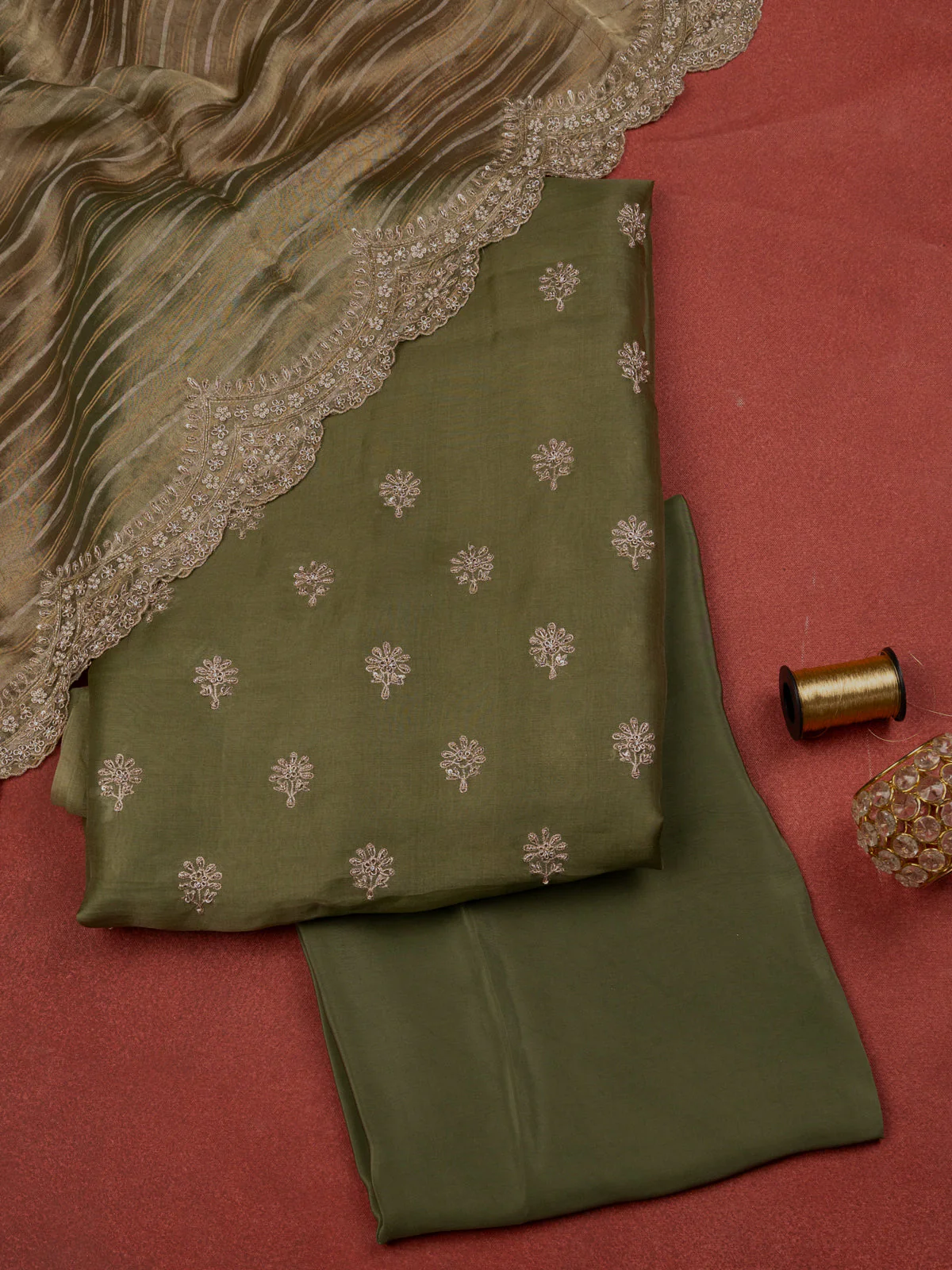 Pastel Green Organza Unstitched Suit
