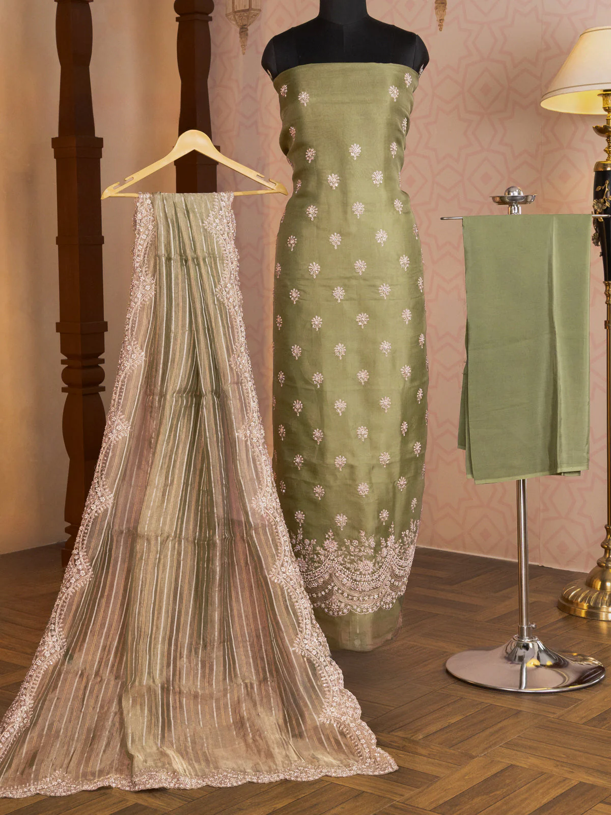 Pastel Green Organza Unstitched Suit - Image 5