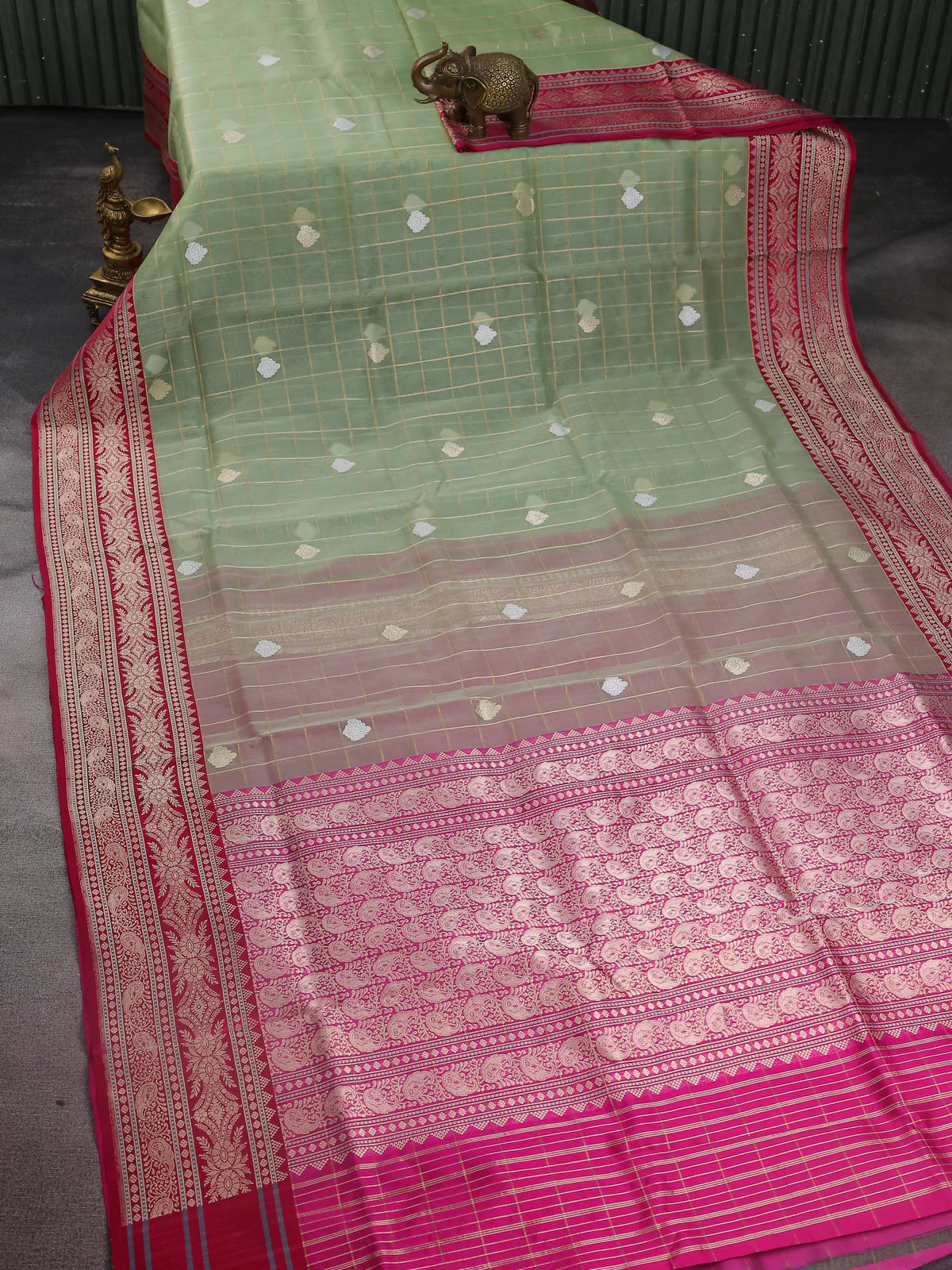 Pastel Green-Pink Banarasi Kora Saree - Image 2