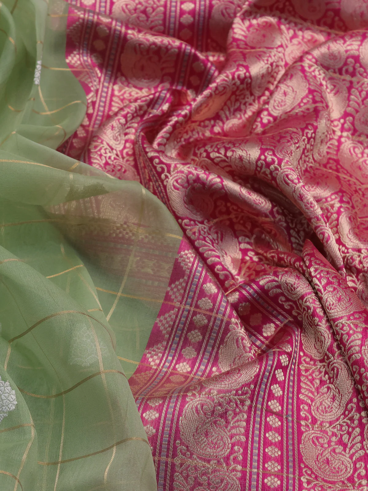 Pastel Green-Pink Banarasi Kora Saree - Image 3