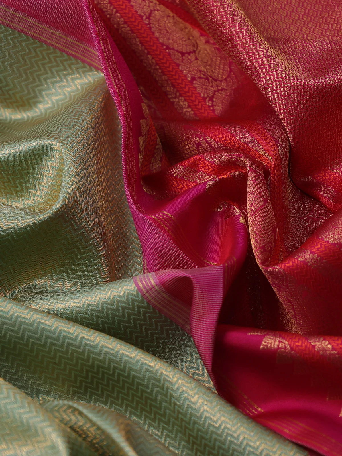 Pastel Green-Pink Kanchipuram Tissue Silk Saree With Allover Weaves & Rich Zari Border - Image 3